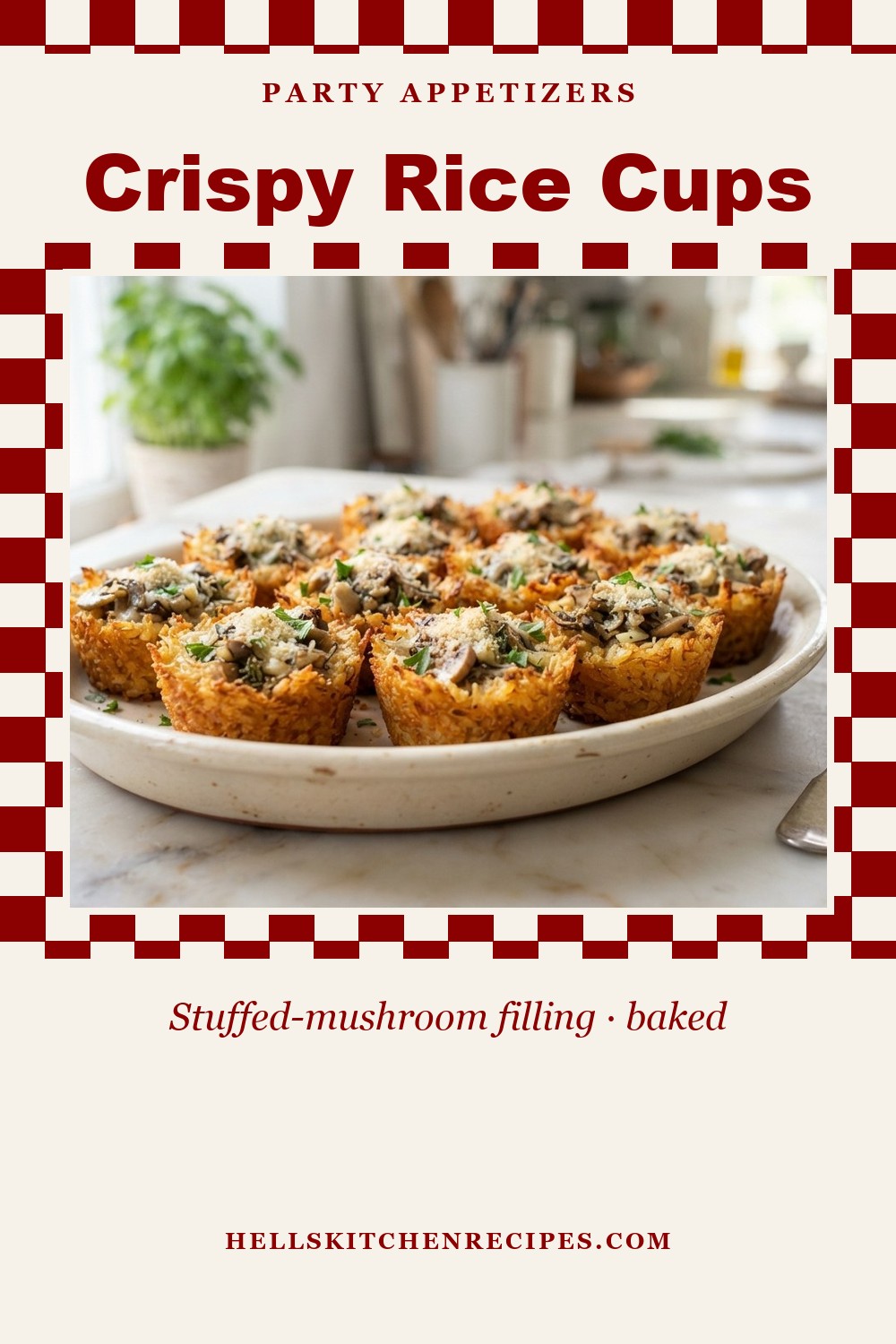 Crispy Rice Cups Recipe (Stuffed Mushroom Filling, Baked)