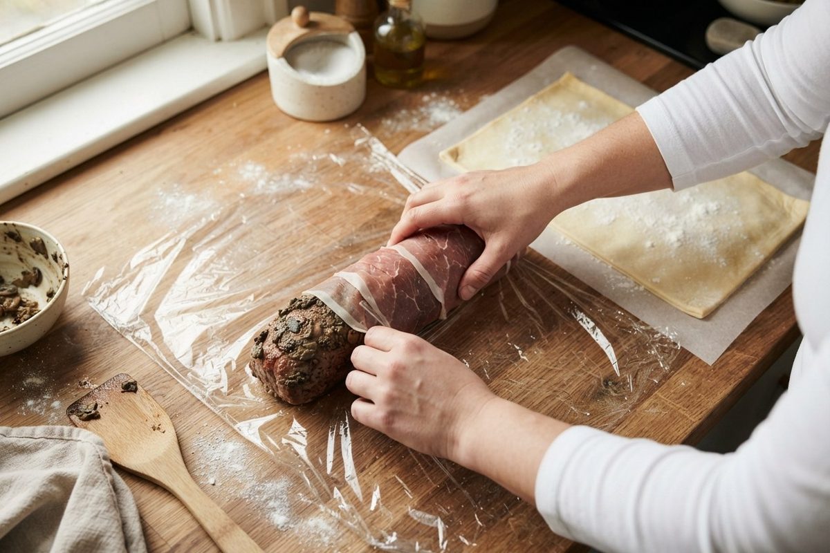 Rolling a duxelles-coated beef tenderloin in overlapping prosciutto slices on plastic wrap for beef wellington