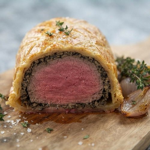 Slice of Gordon Ramsay beef wellington with a medium-rare center