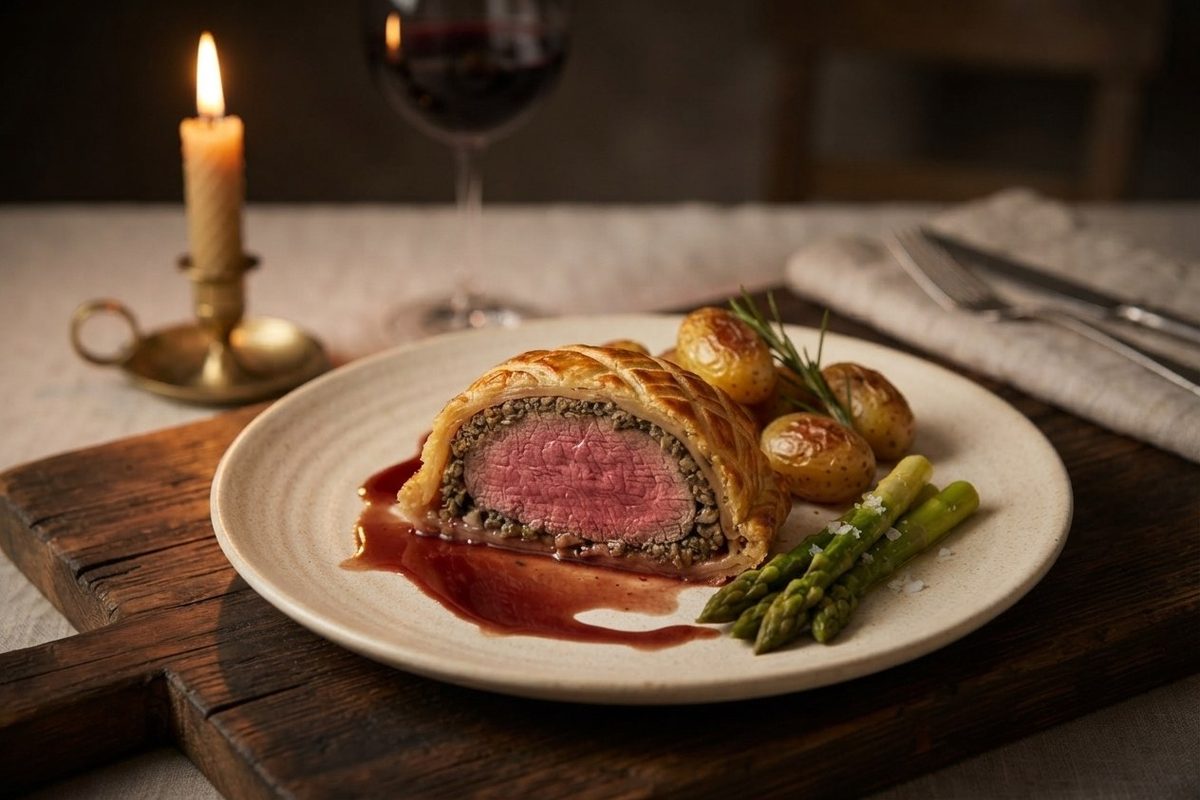 Plated slice of beef wellington with roasted potatoes, asparagus, red wine reduction and a glass of red wine