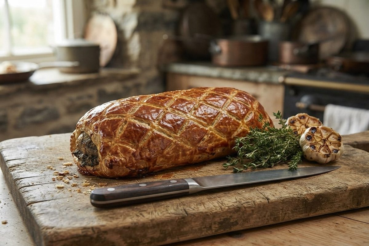 Whole Gordon Ramsay beef wellington with golden scored puff pastry resting on a wooden board before carving