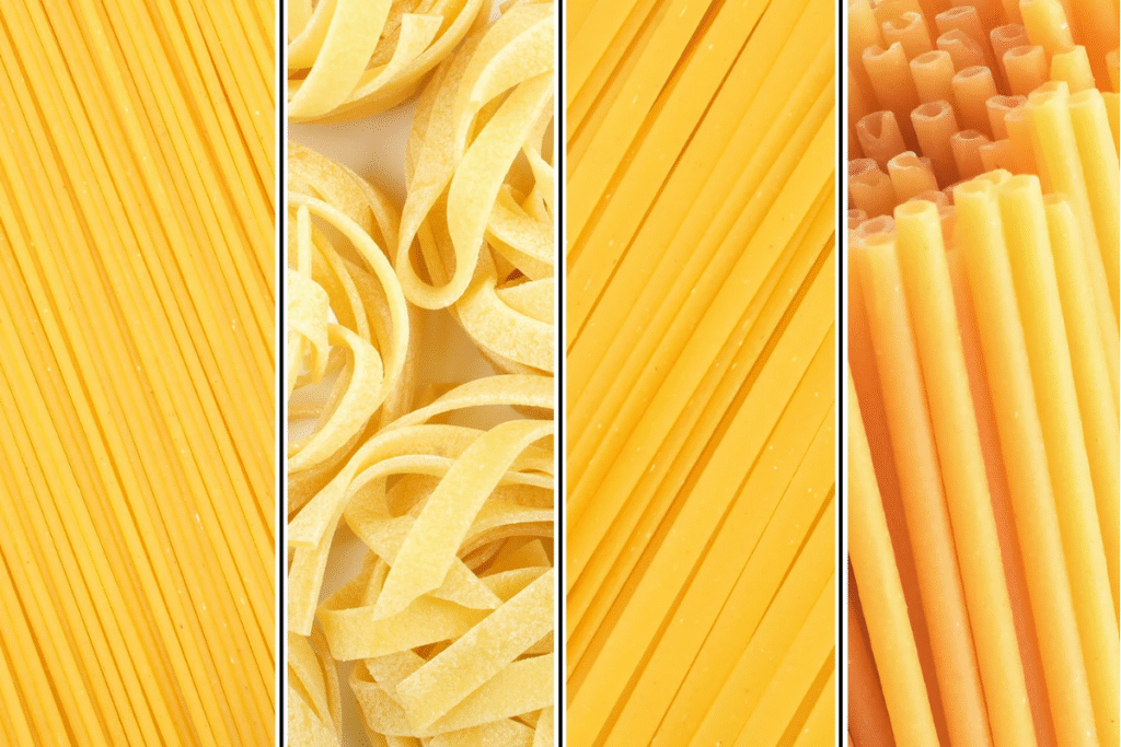 Spaghetti, linguine, and tagliatelle beside lobster tails