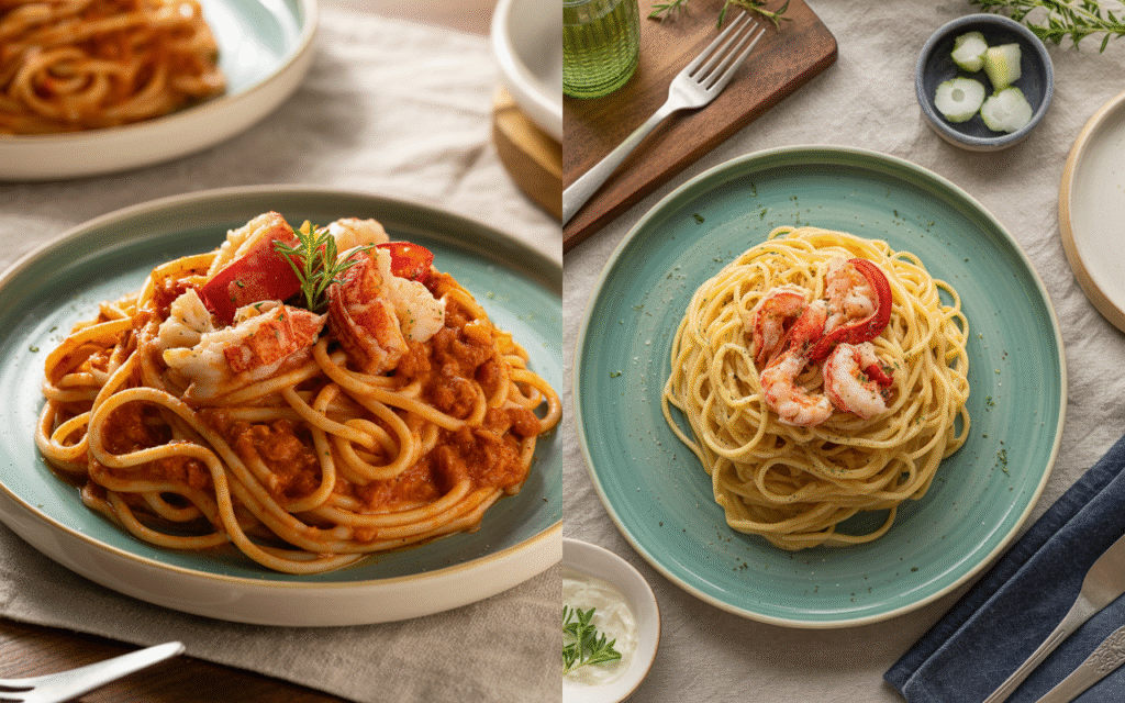 Tomato vs cream lobster spaghetti comparison