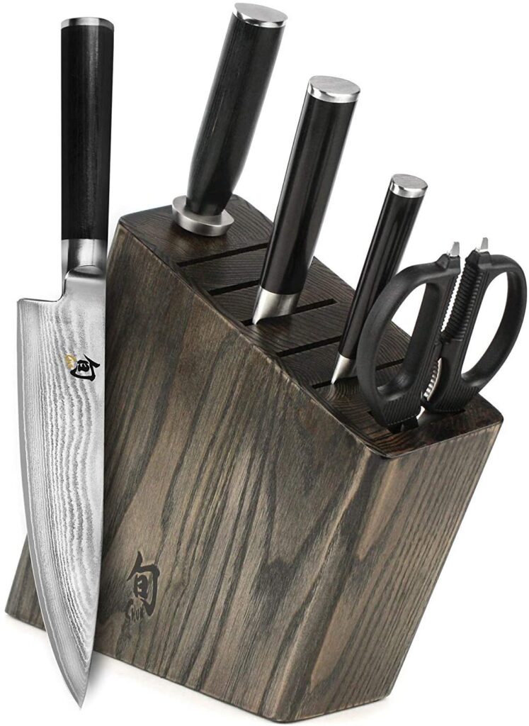 grey knife set and block