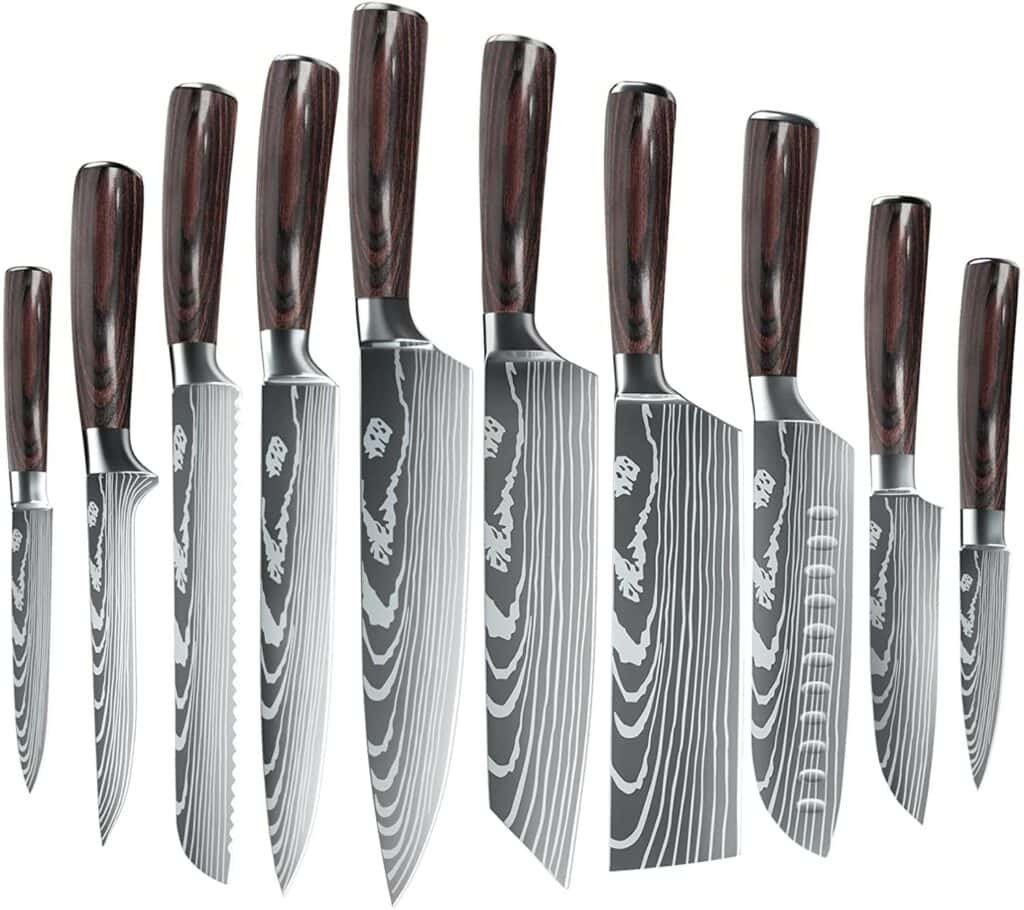  Vetus Japanese Knife Set, 12C27 High Stainless Steel Chef Knife  Set, Professional Etched Kitchen Knives Set with Chef Bag/Knife Roll