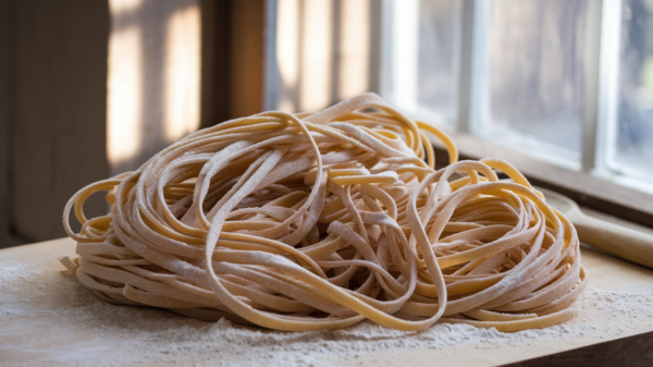 Fresh homemade tagliatelle pasta dusted with flour on wooden surface, wooden spatula beside, natural sunlight through window creating warm, rustic kitchen setting