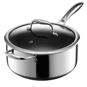 hexclad hybrid nonstick 5 quart saucepan with tempered glass lid, stay cool handle