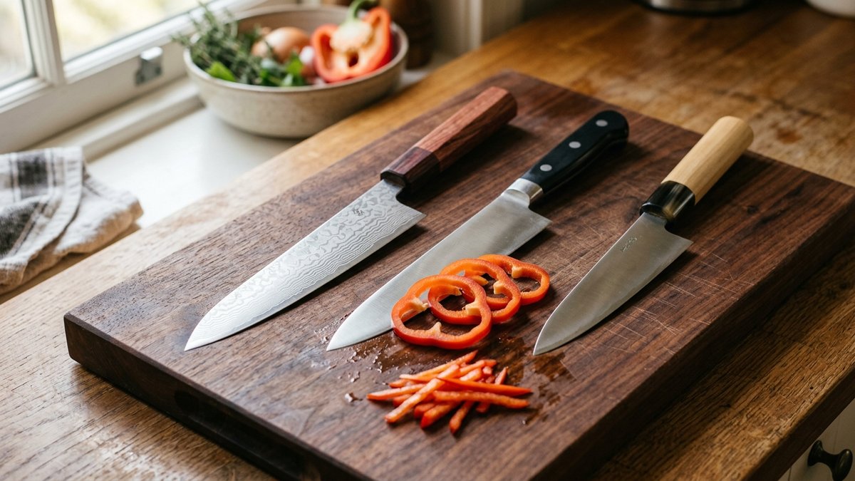 Three Japanese gyuto knives arranged on a dark walnut cutting board with thin slices of red bell pepper