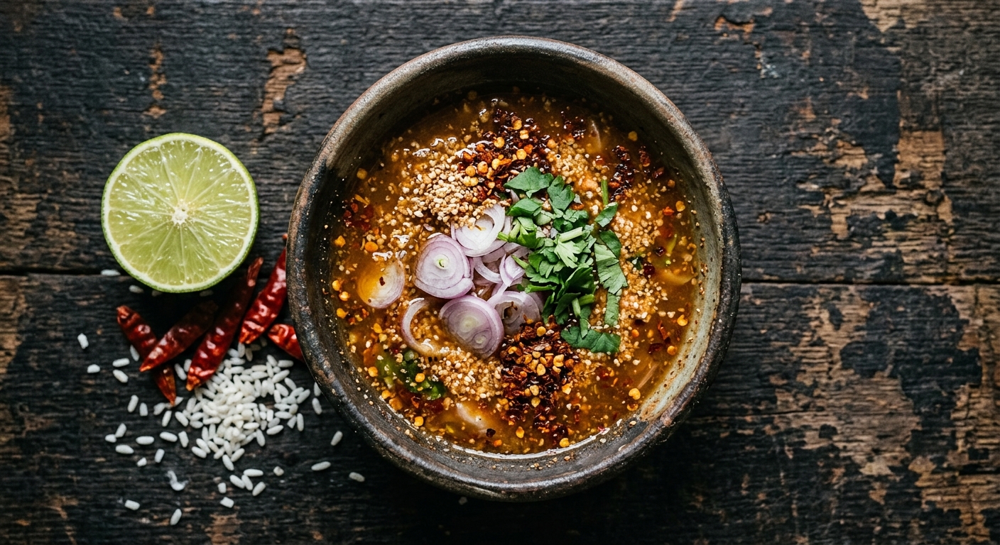 Crying tiger sauce in a stone mortar with toasted rice powder and dried chiles
