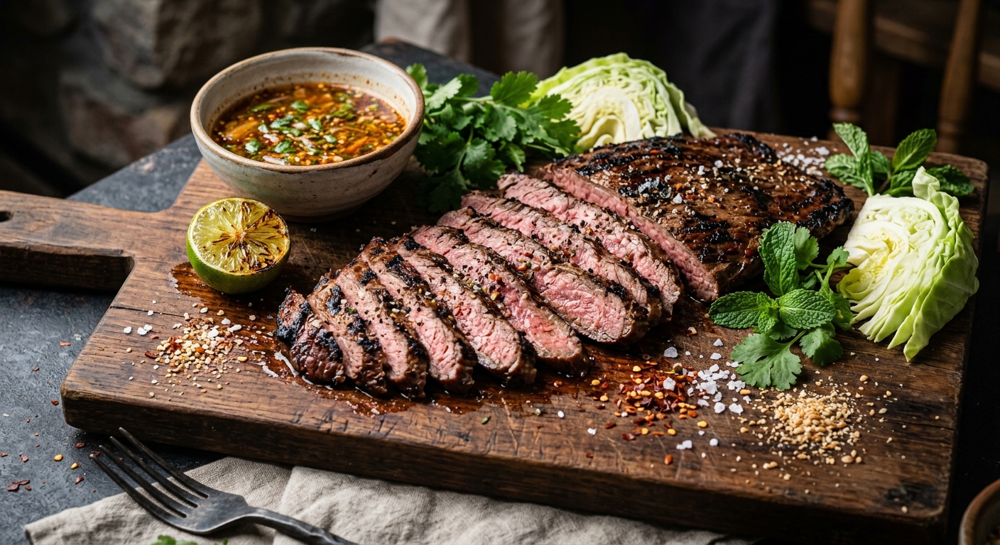 Grilled flank steak sliced on a platter with crying tiger dipping sauce