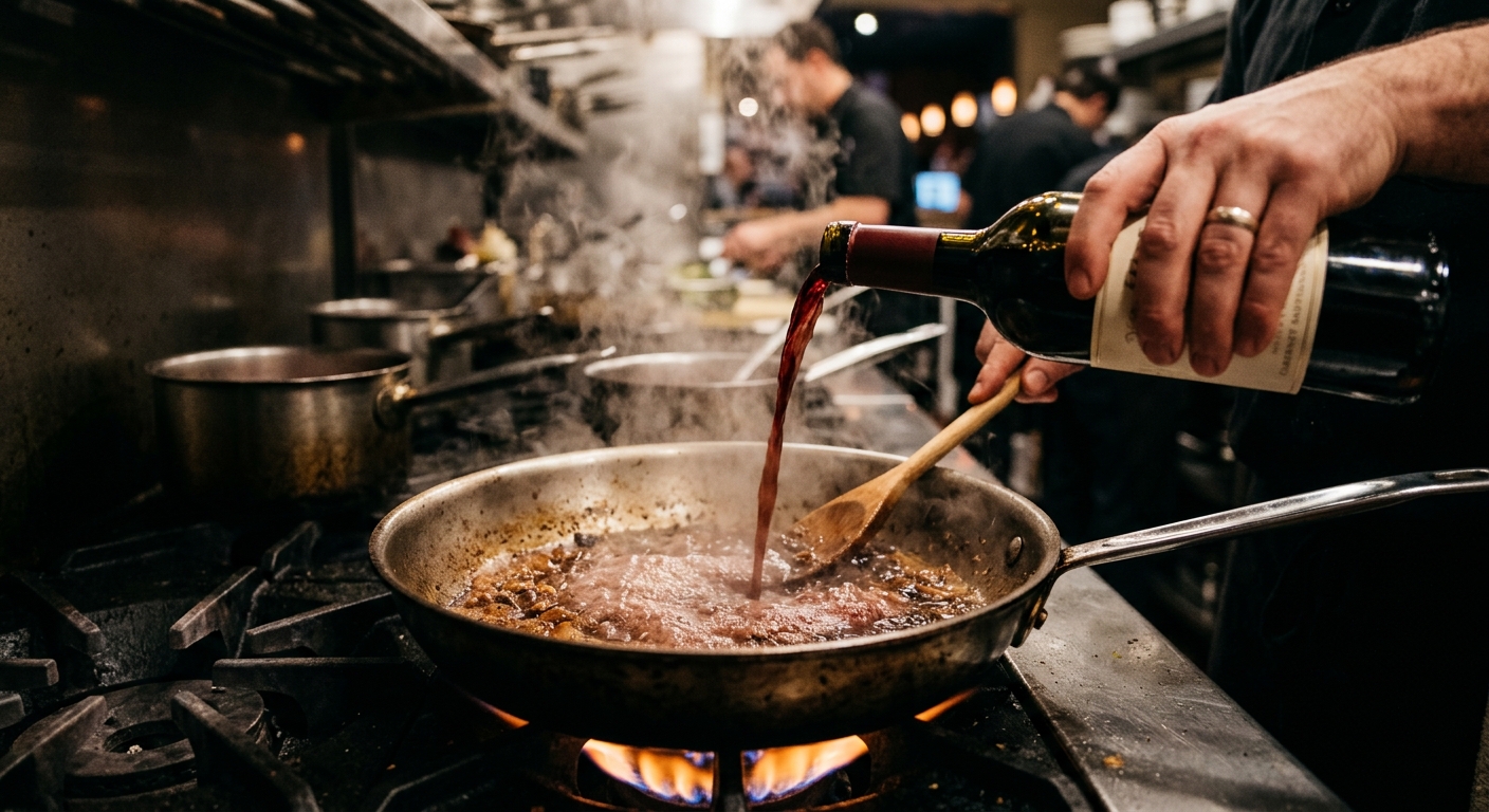 Red wine being poured into a hot stainless steel skillet to deglaze fond with steam rising from the pan