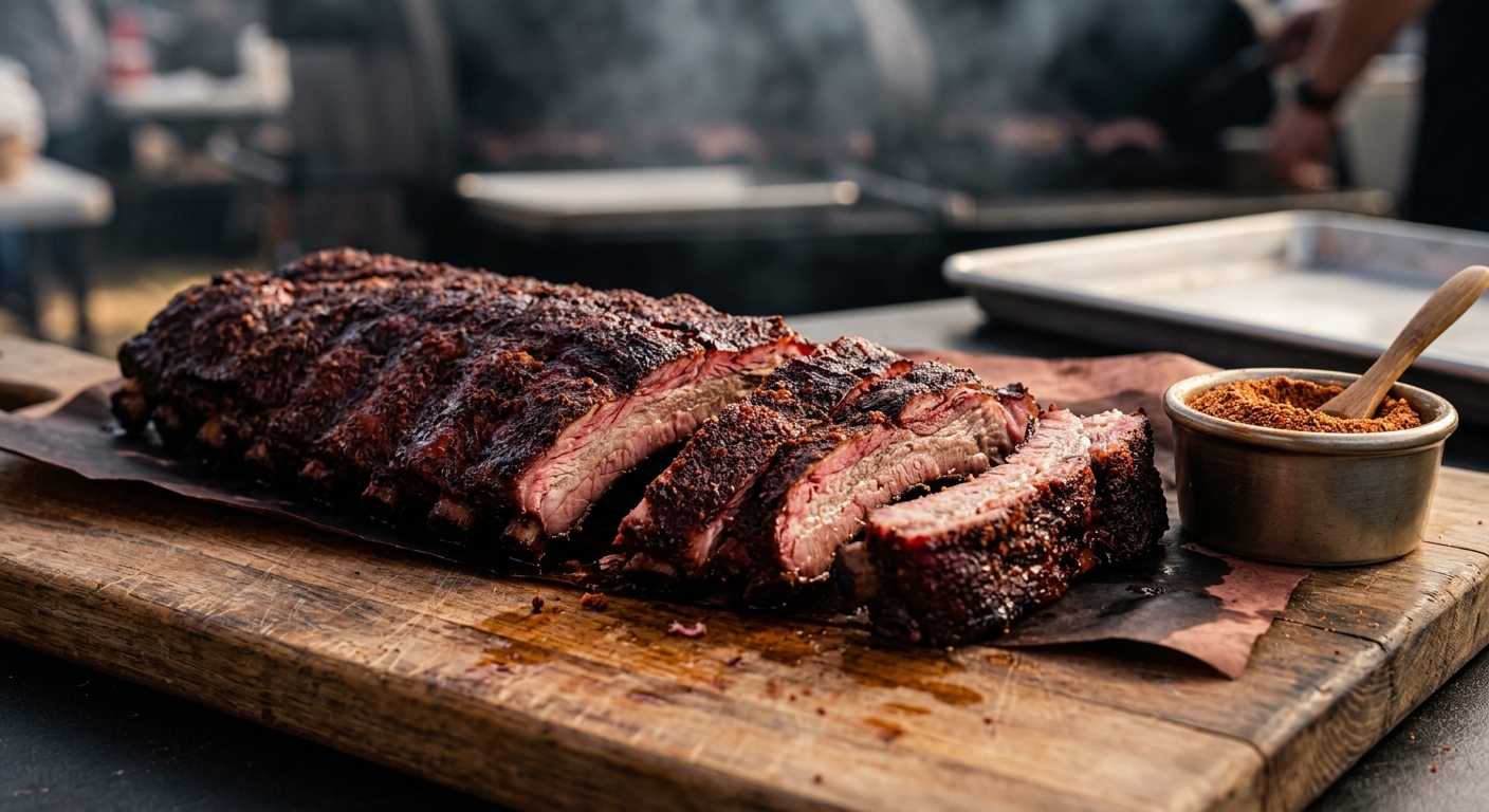 Smoked pork ribs with dark crusty bark from a paprika dry rub showing the smoke ring