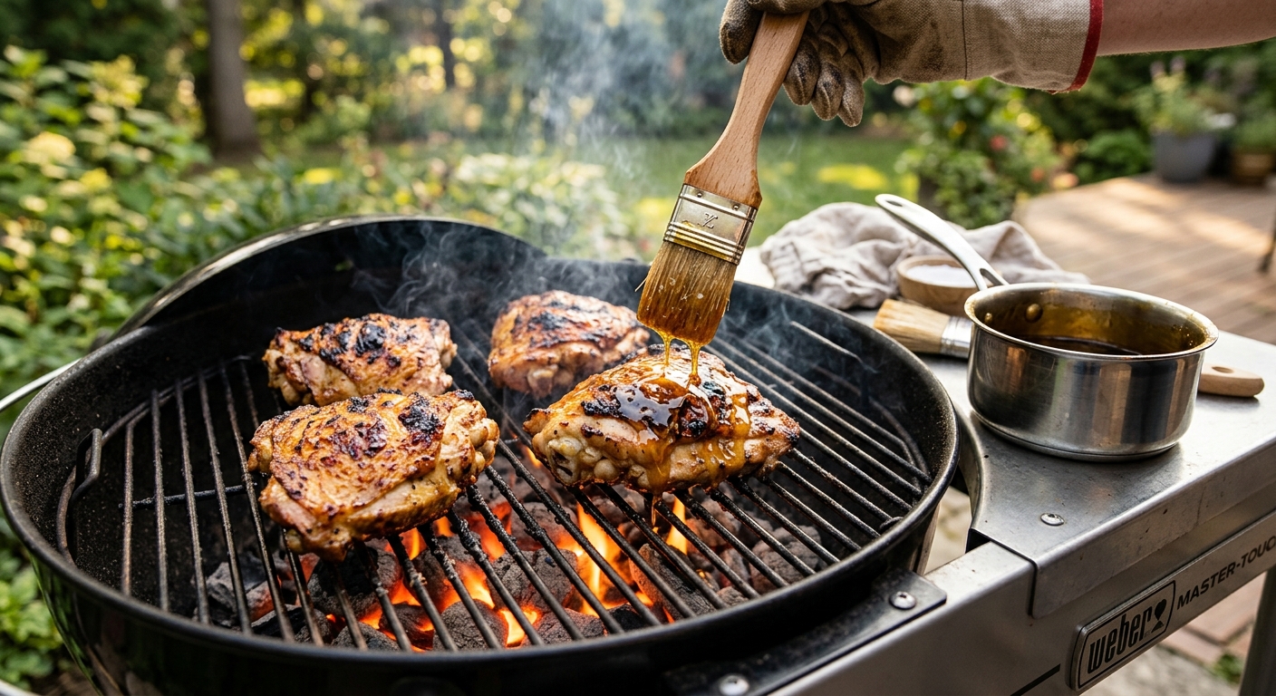 Basting brush applying golden honey glaze to grilled chicken thighs on a charcoal grill