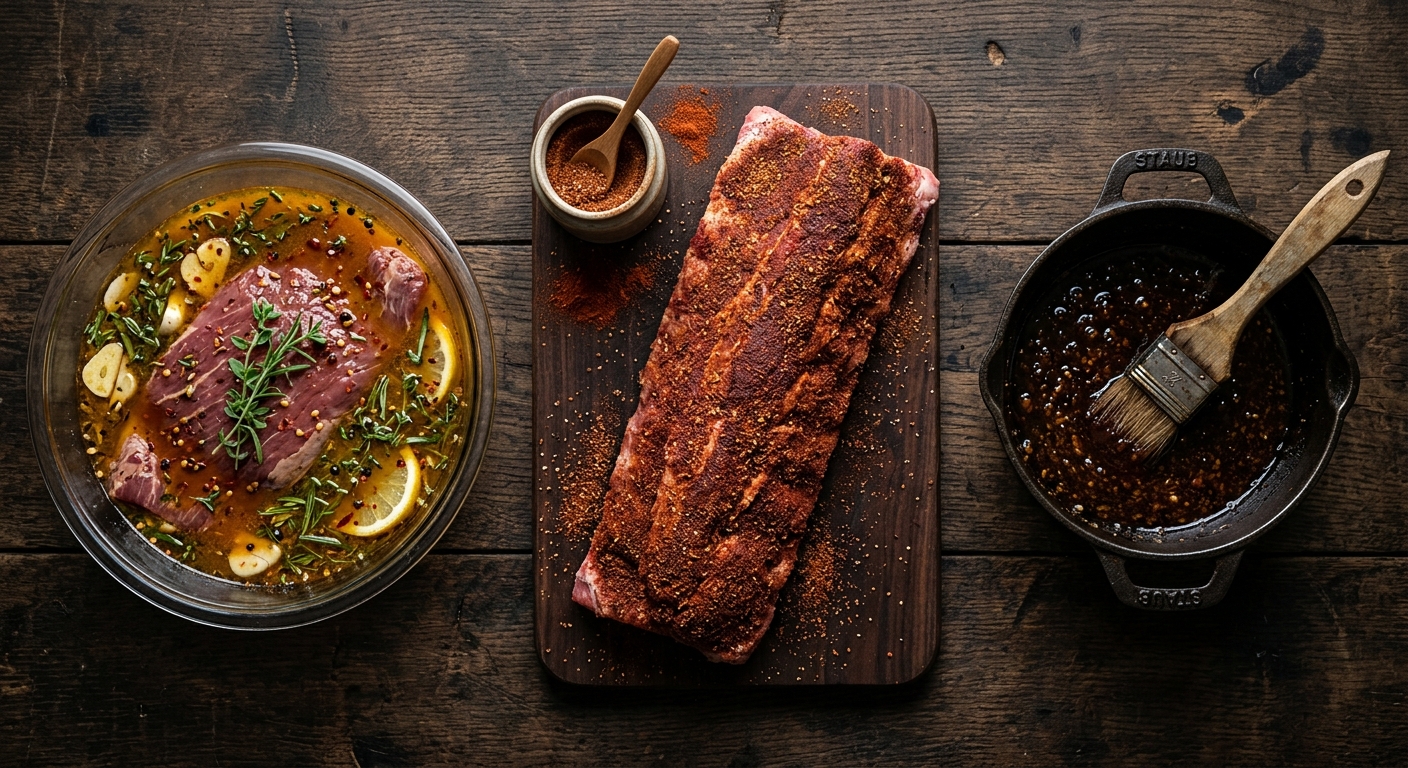 Three grilling methods side by side showing a marinade bowl a dry rub on ribs and a honey glaze with basting brush