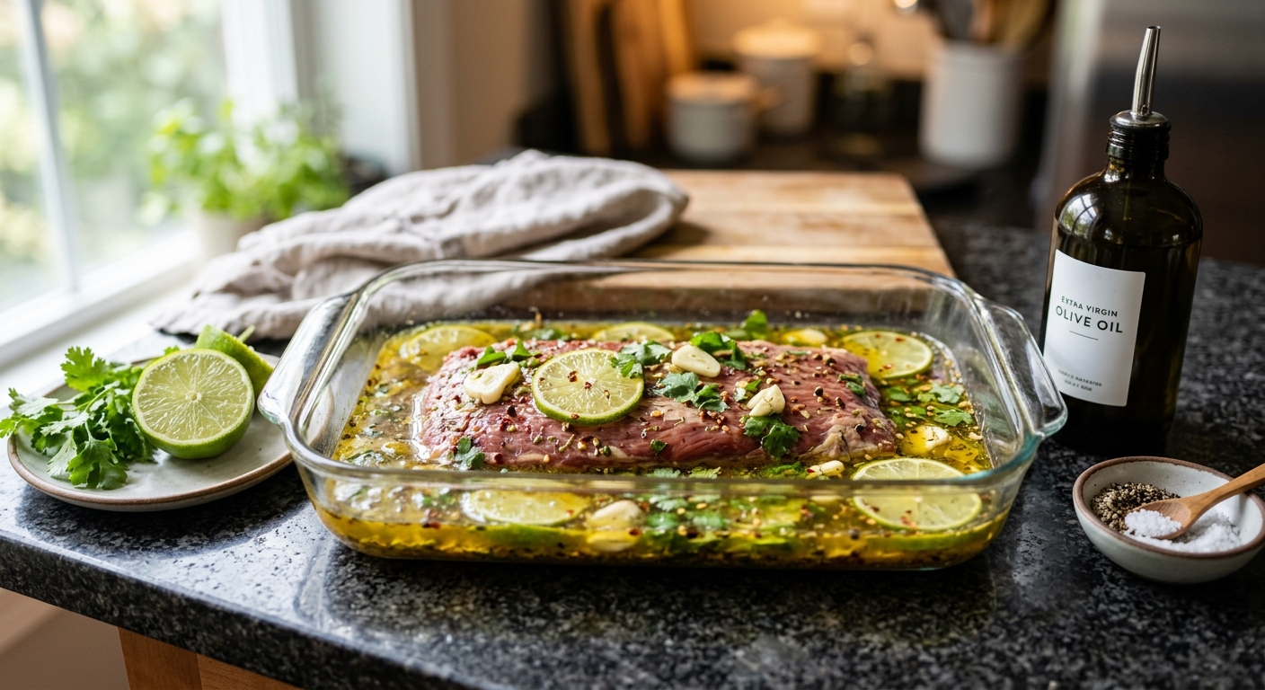 Raw flank steak soaking in a citrus herb marinade in a glass baking dish