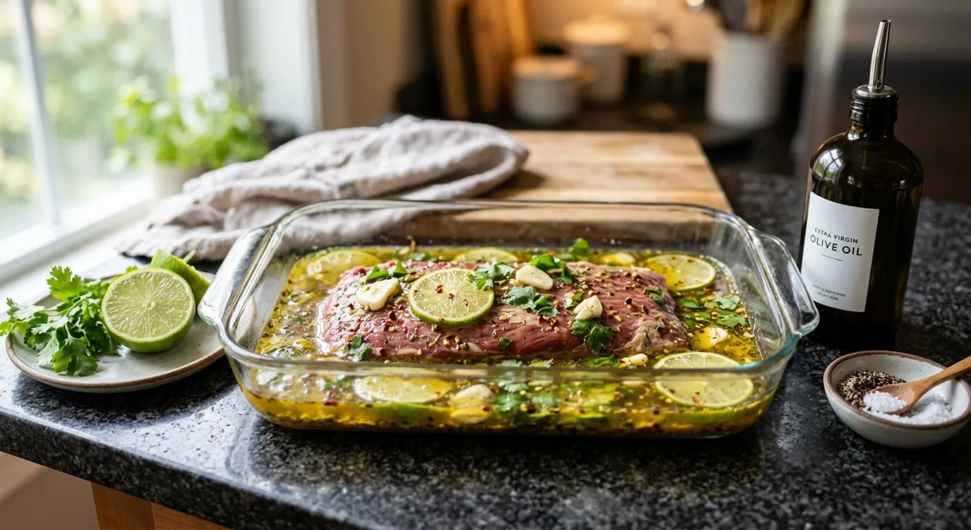 Raw flank steak soaking in a citrus herb marinade in a glass baking dish