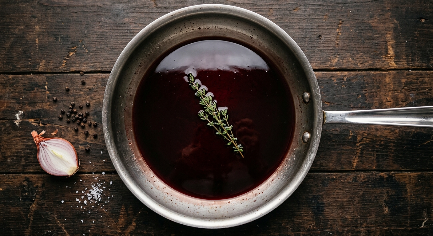 Dark red wine reduction sauce in a stainless steel sauté pan with a wooden spoon and fresh thyme sprigs on a butcher block counter