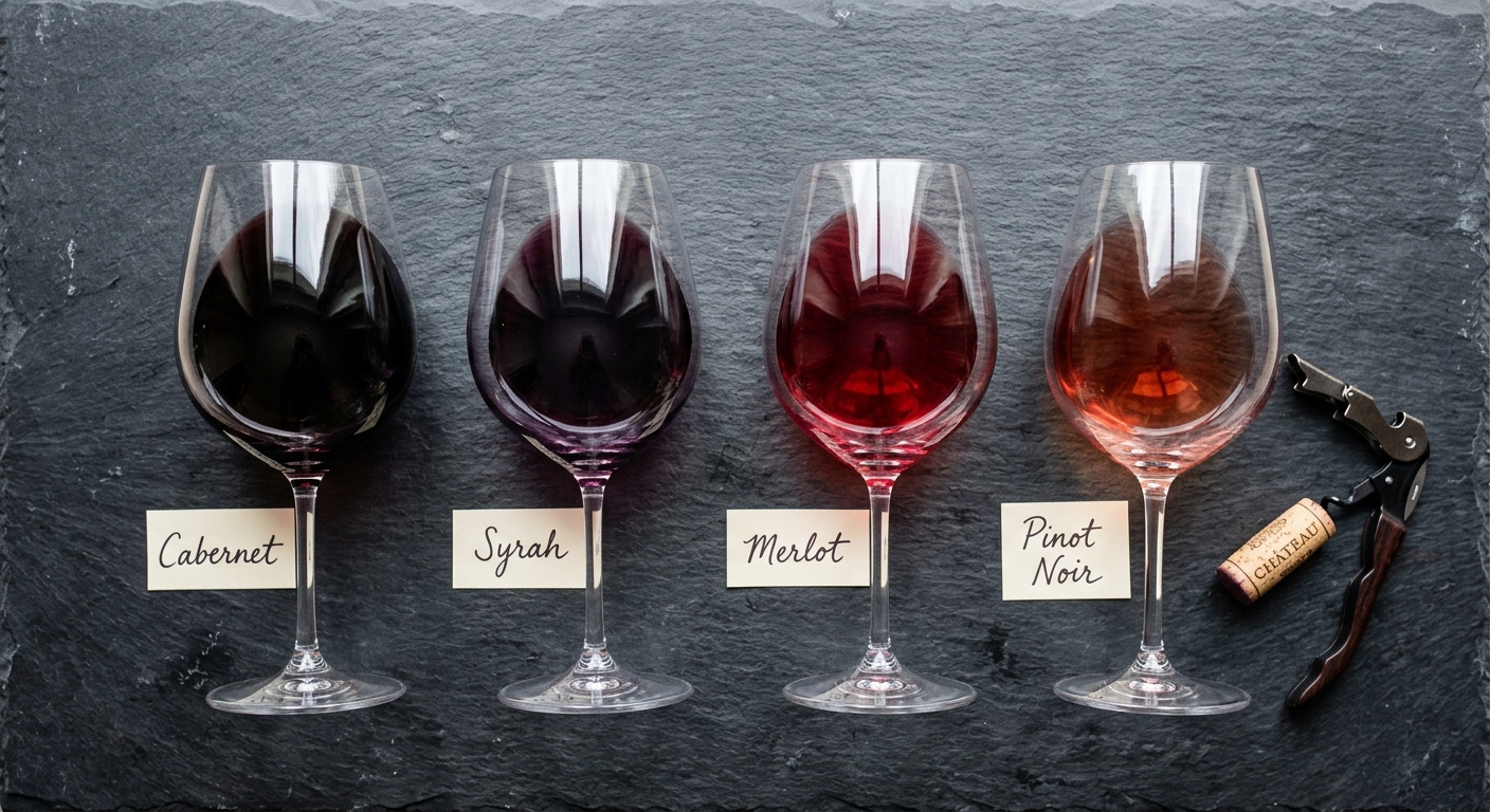 Four glasses of red wine varieties side by side showing different colors from deep Cabernet to lighter Pinot Noir