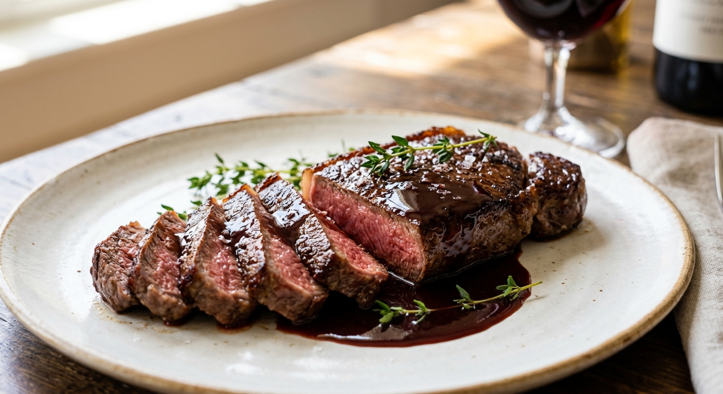 Sliced medium-rare steak on a white plate with glossy red wine reduction sauce spooned over the top