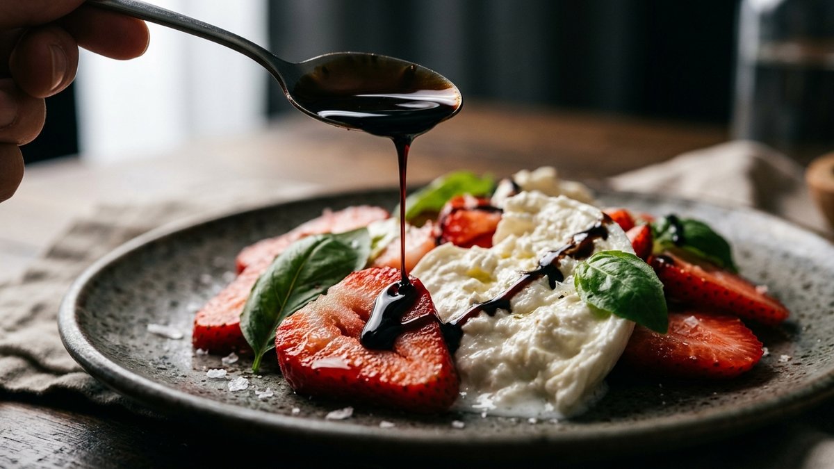 Thick balsamic glaze being drizzled from a spoon over strawberry caprese salad