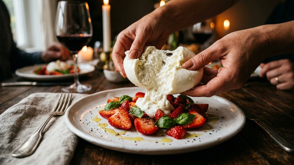Burrata ball being torn open at the table over a strawberry caprese platter