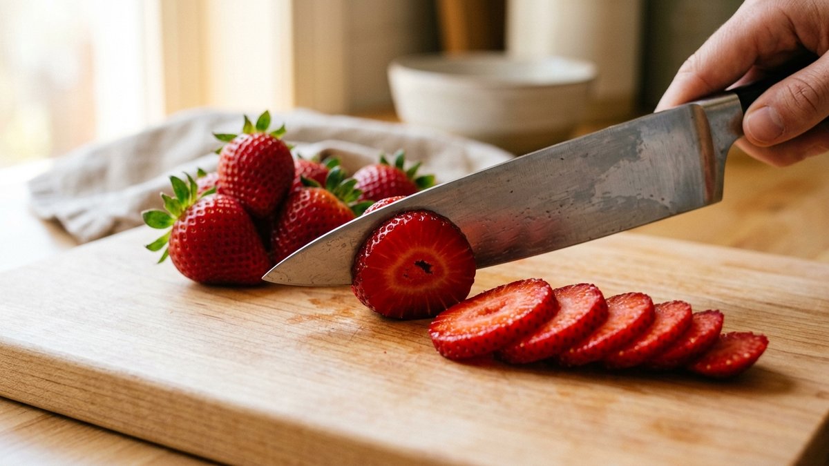 Ripe strawberries sliced into quarter-inch rounds on a cutting board for caprese salad