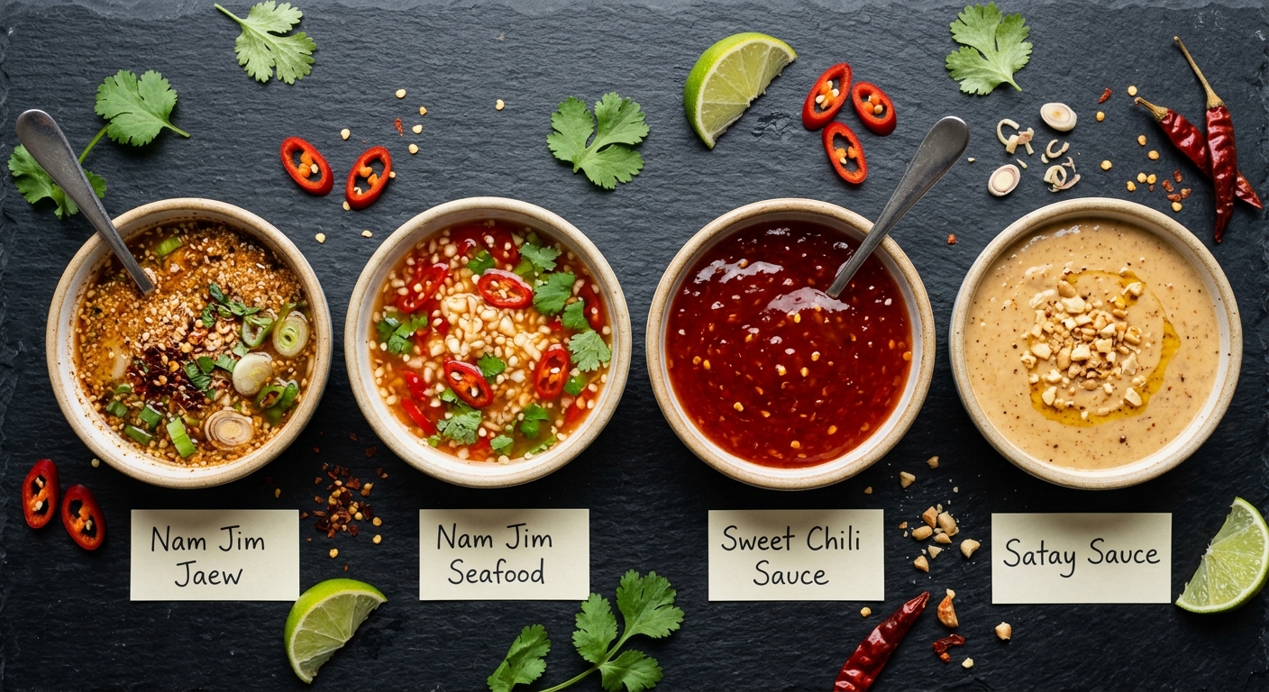 Three Thai dipping sauces in small bowls showing nam jim jaew and variations