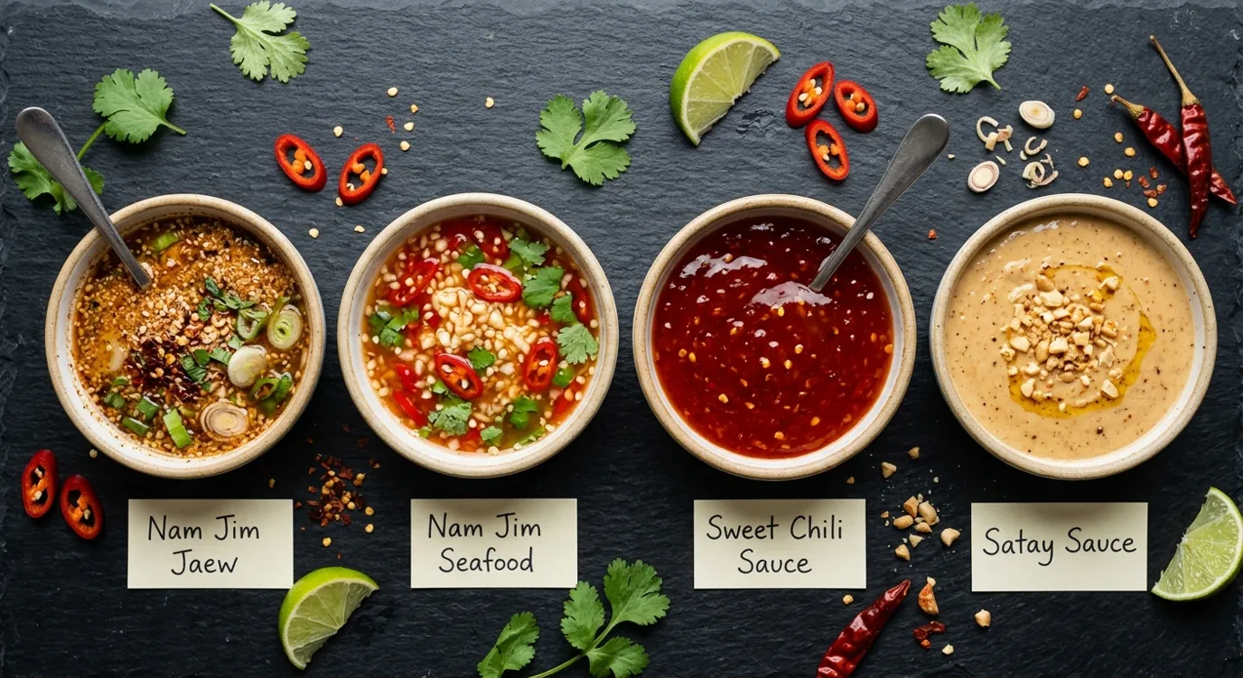 Three Thai dipping sauces in small bowls showing nam jim jaew and variations