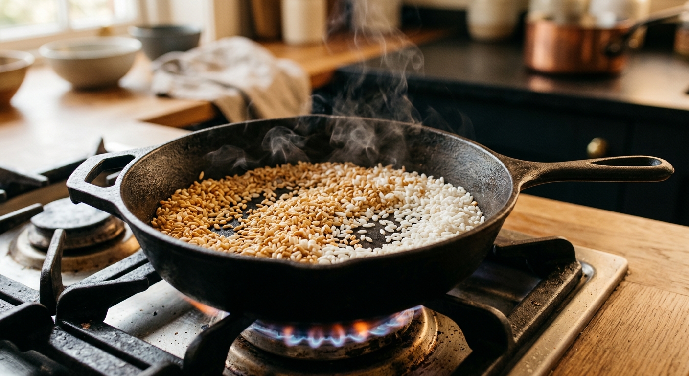 Toasting sticky rice in a dry skillet until golden brown for rice powder