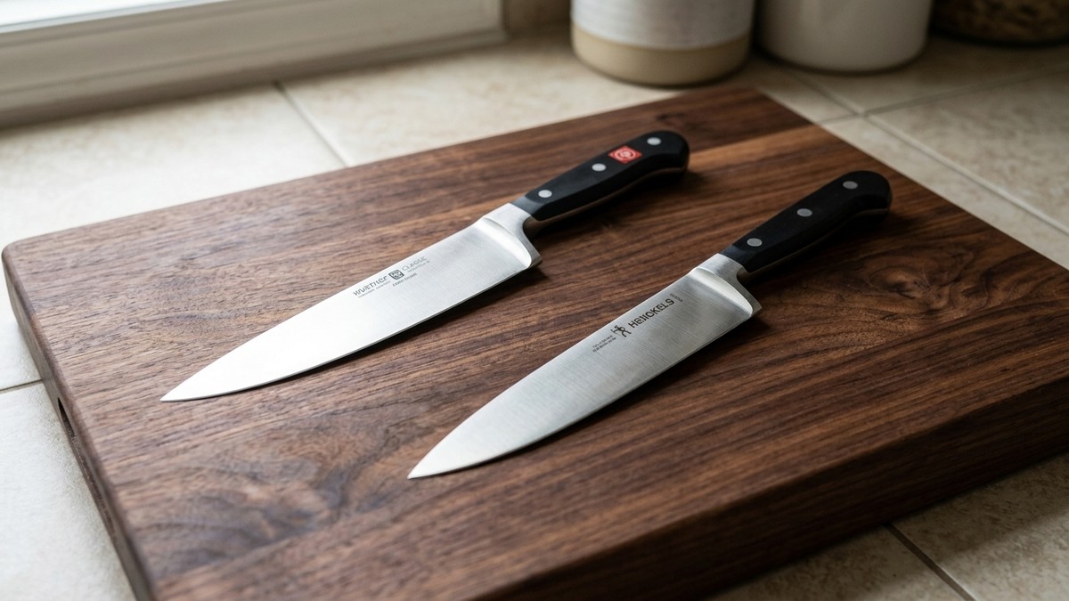 Wüsthof Classic and HENCKELS Classic 8-inch chef knives side by side on a walnut cutting board