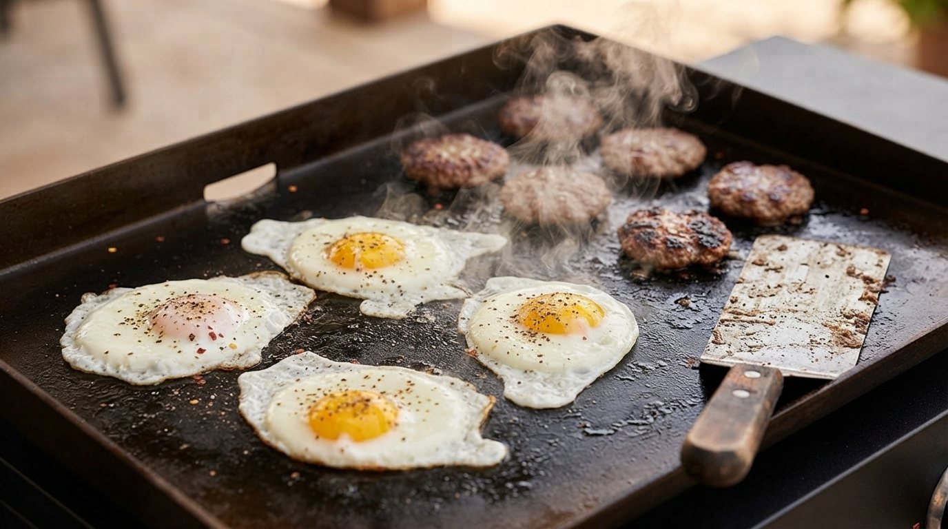 Eggs and sausage patties cooking on a well-seasoned flat-top griddle surface