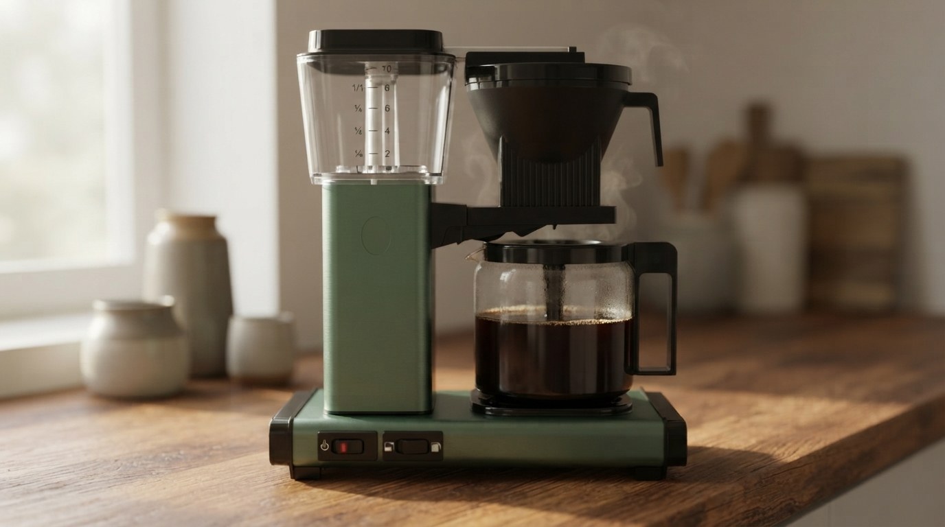 A premium drip coffee maker brewing hot coffee, the type built to hold the 195-205&deg;F range