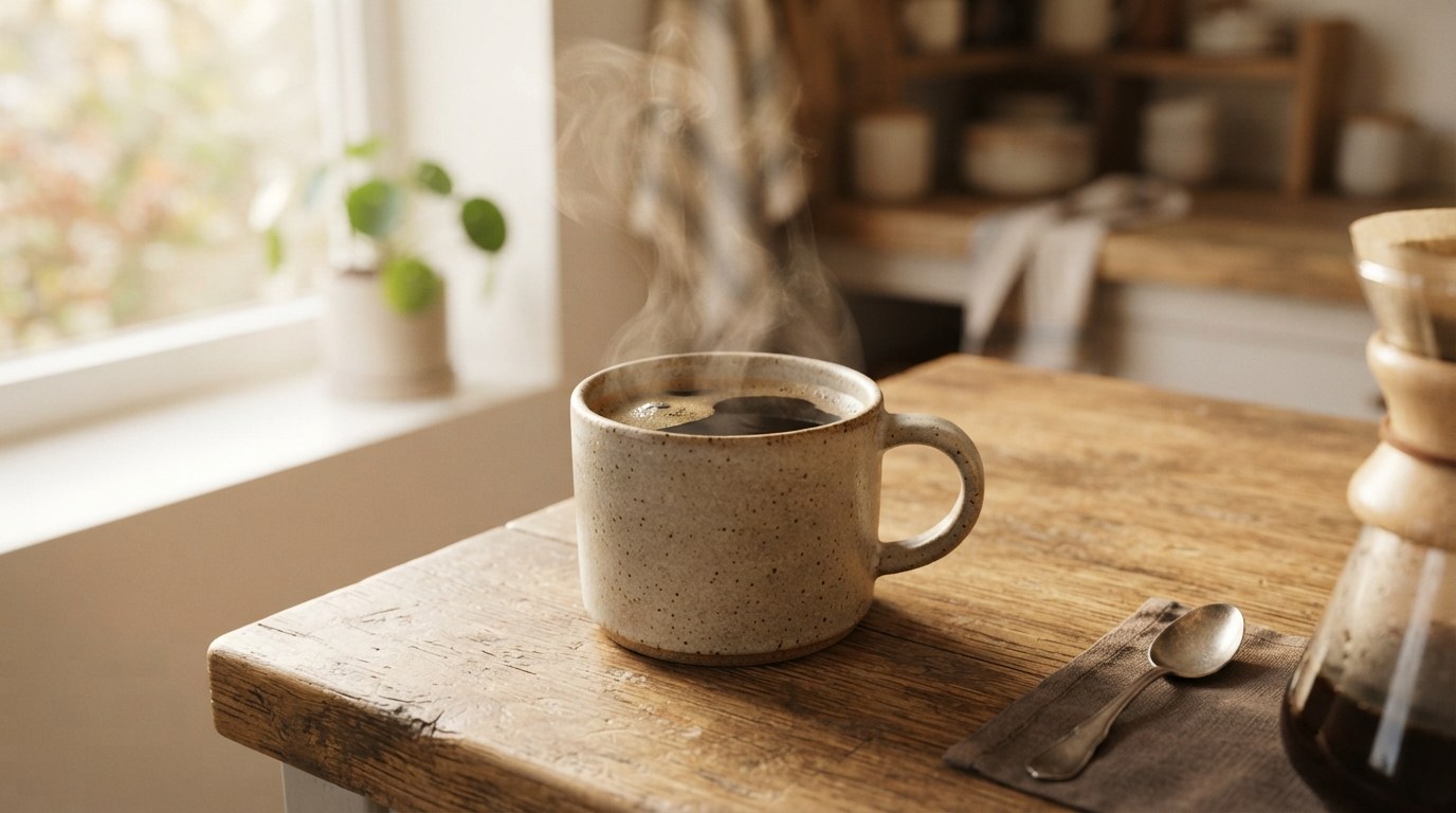 A steaming cup of freshly brewed coffee