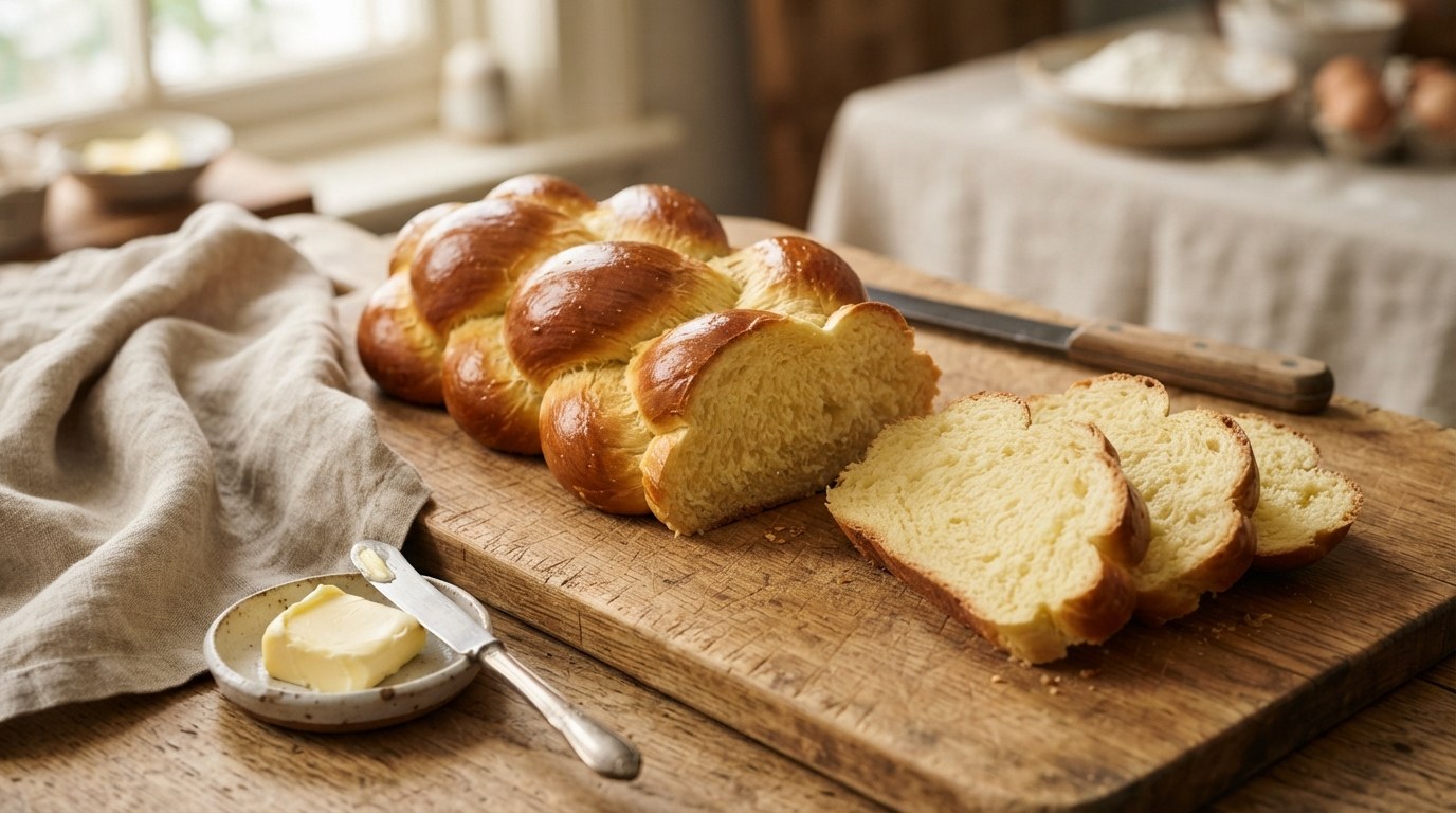 Sliced golden challah loaf, the best bread for French toast bread pudding