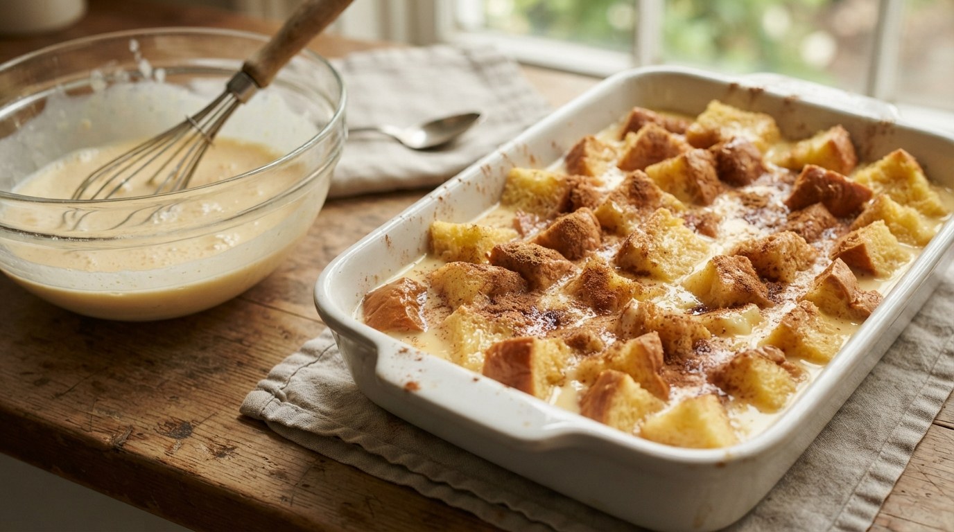 Bread cubes soaking in egg custard for French toast bread pudding