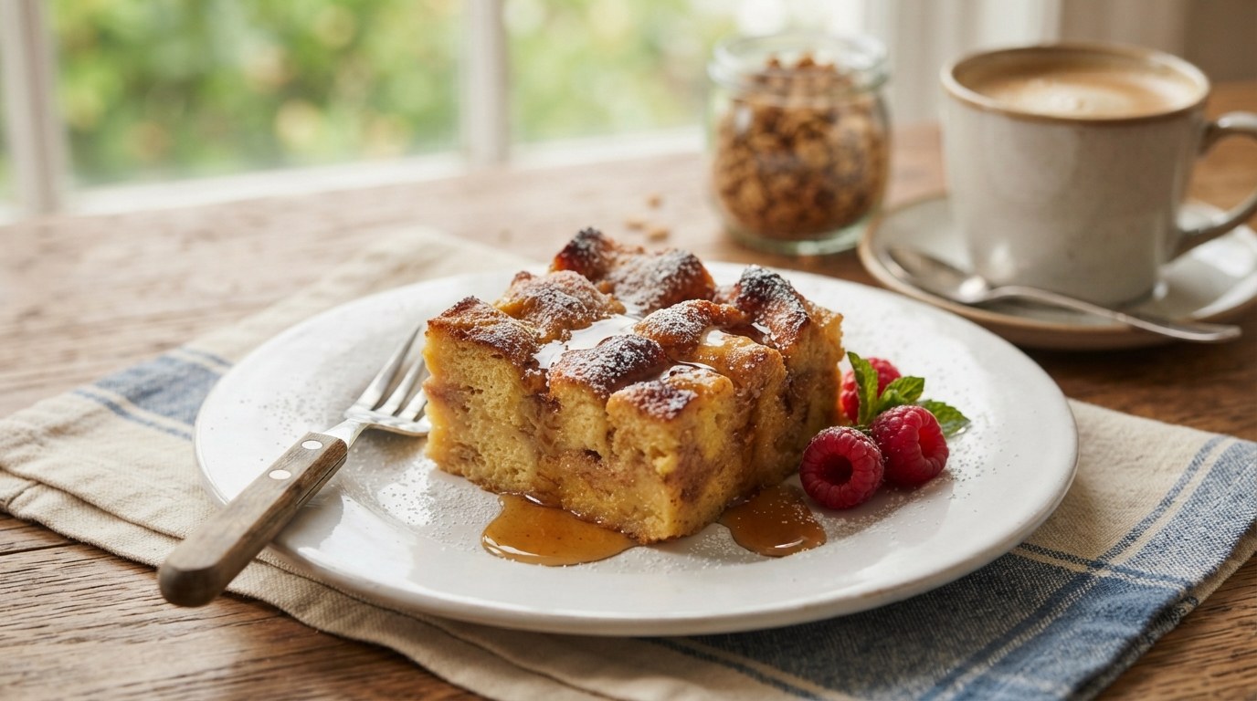 A square of French toast bread pudding served with maple syrup and powdered sugar