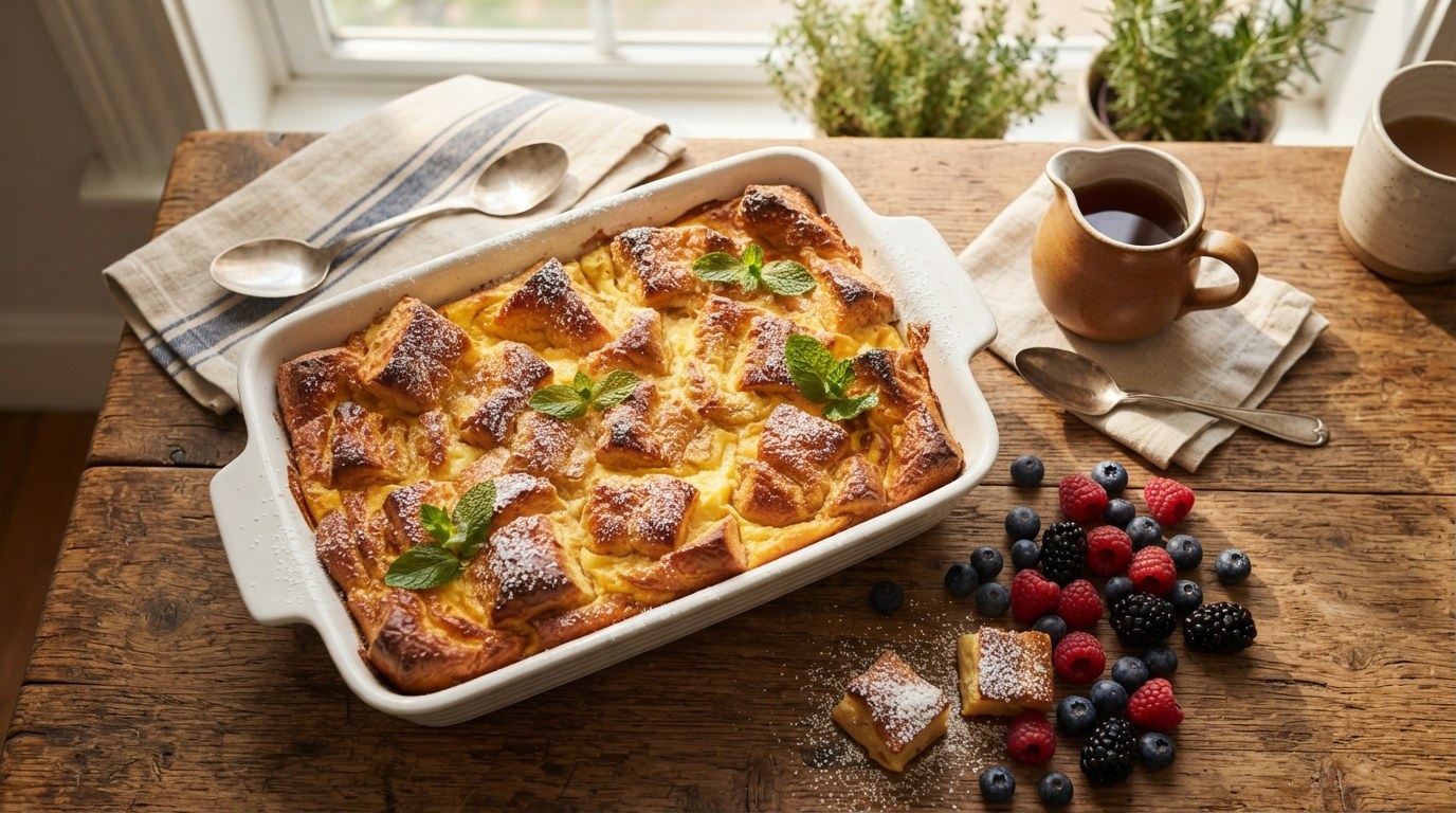 French toast bread pudding baked golden in a white dish and dusted with powdered sugar