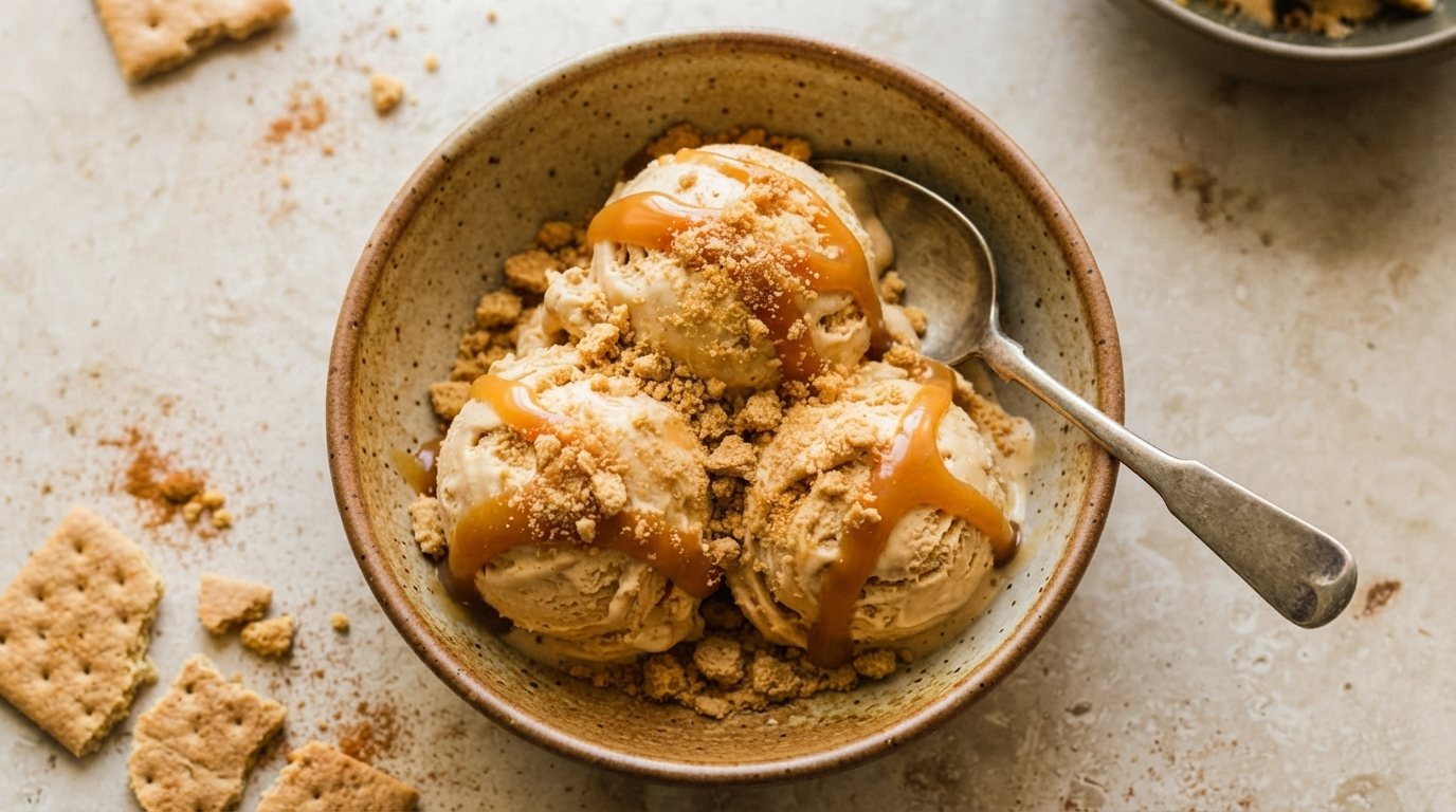 Scoops of pumpkin pie ice cream topped with caramel drizzle and crushed graham crackers