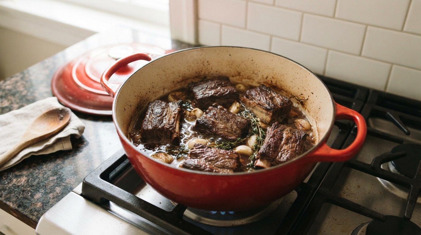 Seared beef short ribs braising in dark liquid with garlic and thyme in a red enameled cast-iron Dutch oven on a gas stove