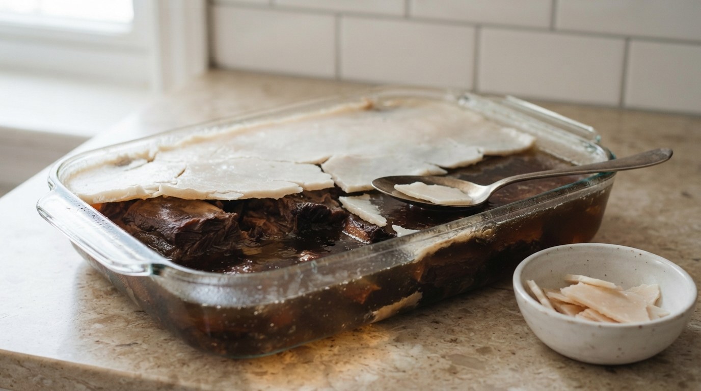 A chilled short rib braise in a glass baking dish, a thin layer of solid white fat partly lifted off to show dark jellied braising liquid and meat, a spoon and a small bowl of lifted fat beside it