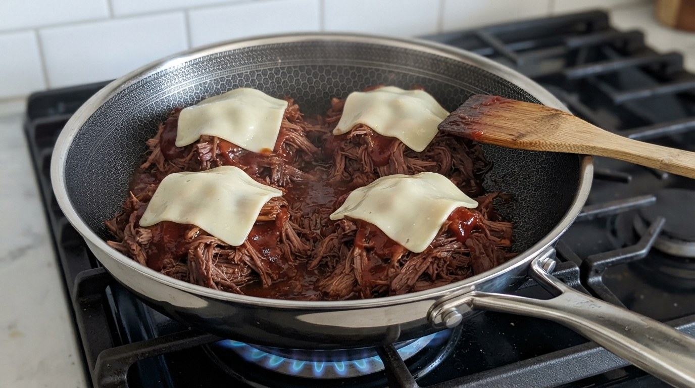Shredded braised short rib simmering in a glossy dark red-eye BBQ sauce in a skillet, four mounds topped with slices of white cheddar