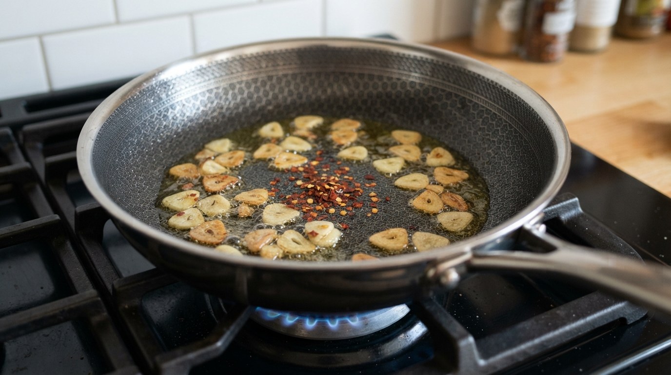 Thinly sliced garlic gently turning golden in olive oil with red pepper flakes