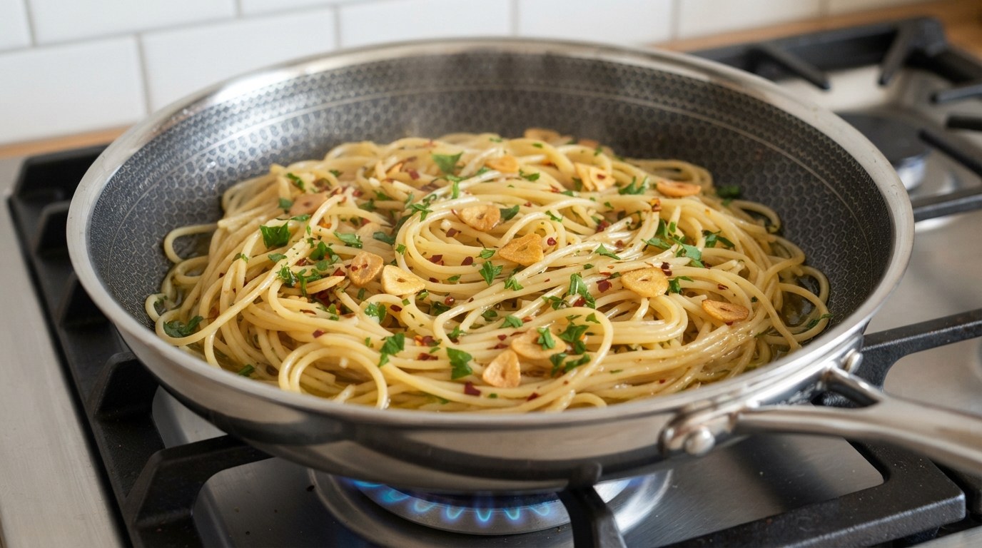 Spaghetti tossed in garlic oil and pasta water, emulsified into a glossy sauce