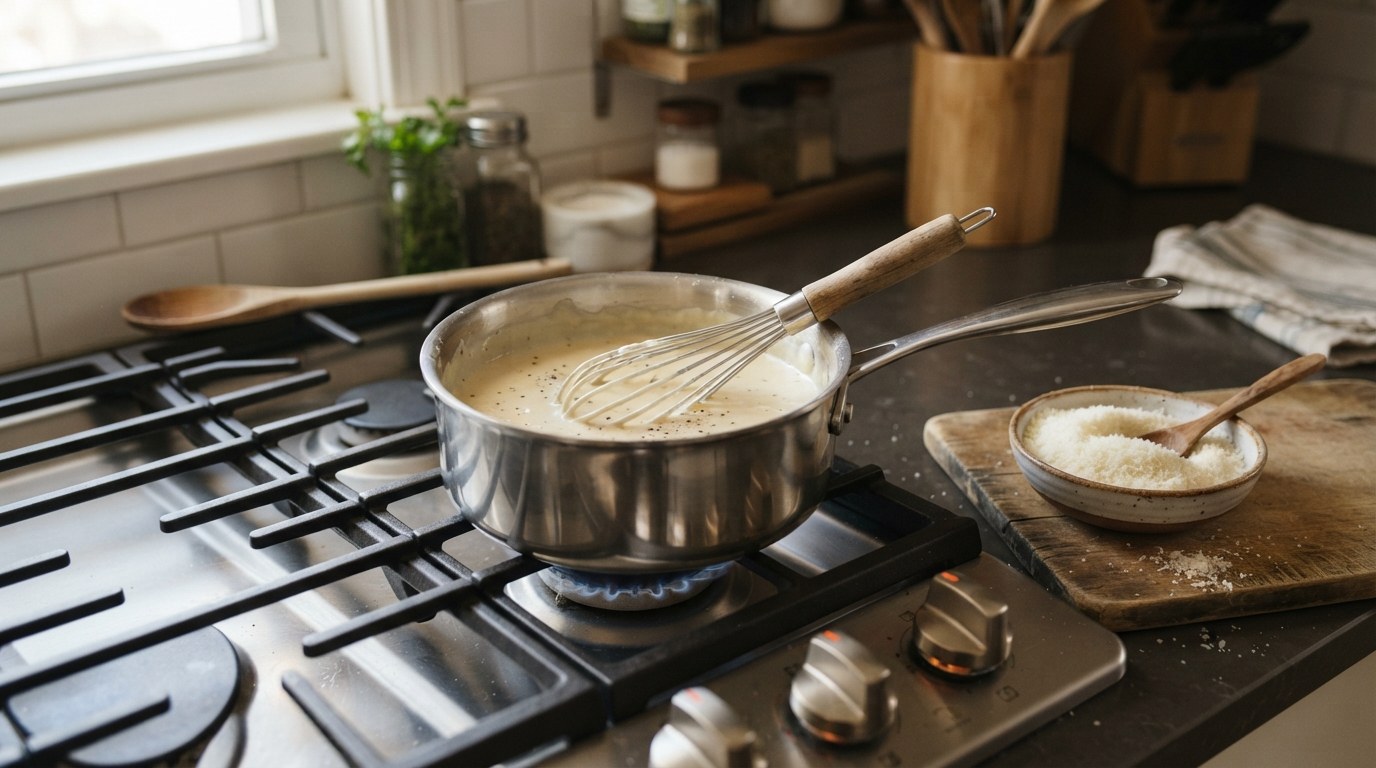 A smooth, glossy Alfredo sauce being whisked in a pan with grated Parmesan melting in