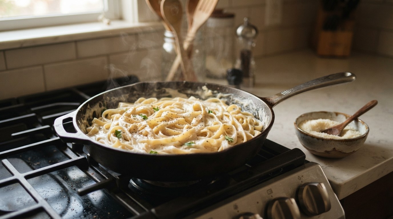 Fettuccine being tossed and coated in creamy Alfredo sauce in a wide pan