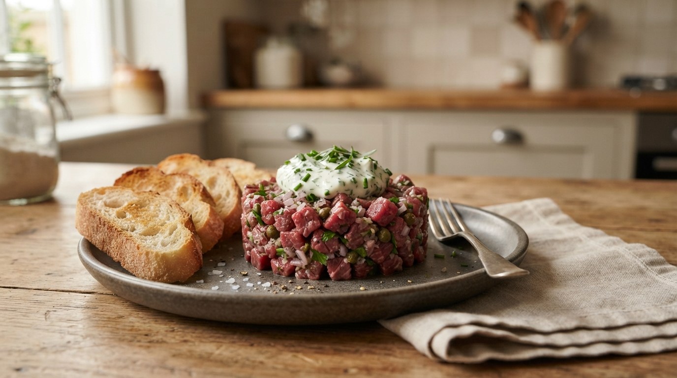 A round mound of hand-diced raw beef tartare with capers and shallot, topped with herb crème fraîche and chives, toasted baguette slices on a grey plate