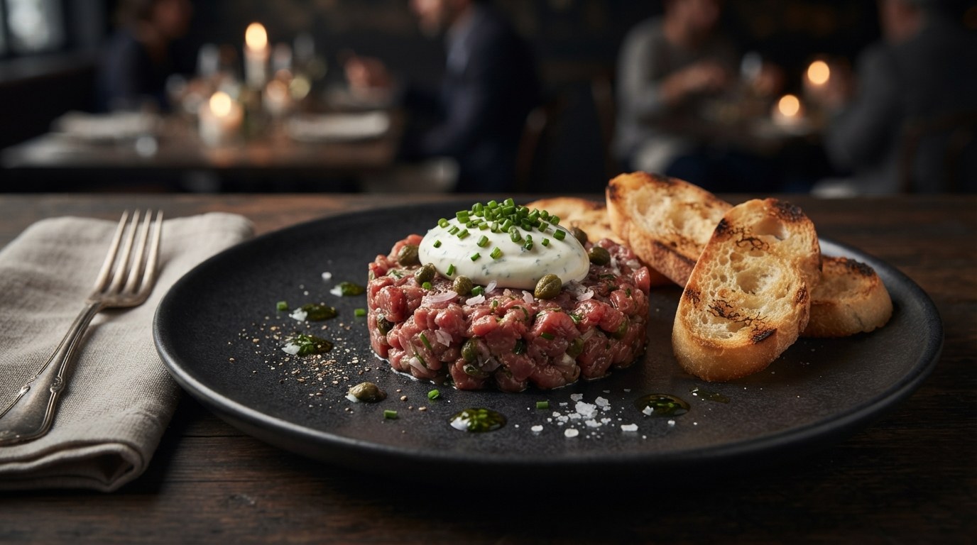 A plate of beef tartare topped with herb crème fraîche and served with toasted baguette