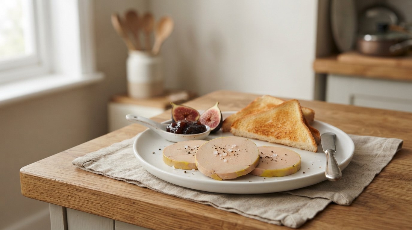 Three round slices of foie gras torchon with flaky salt and pepper on a white plate beside toasted brioche triangles, fig jam and halved figs