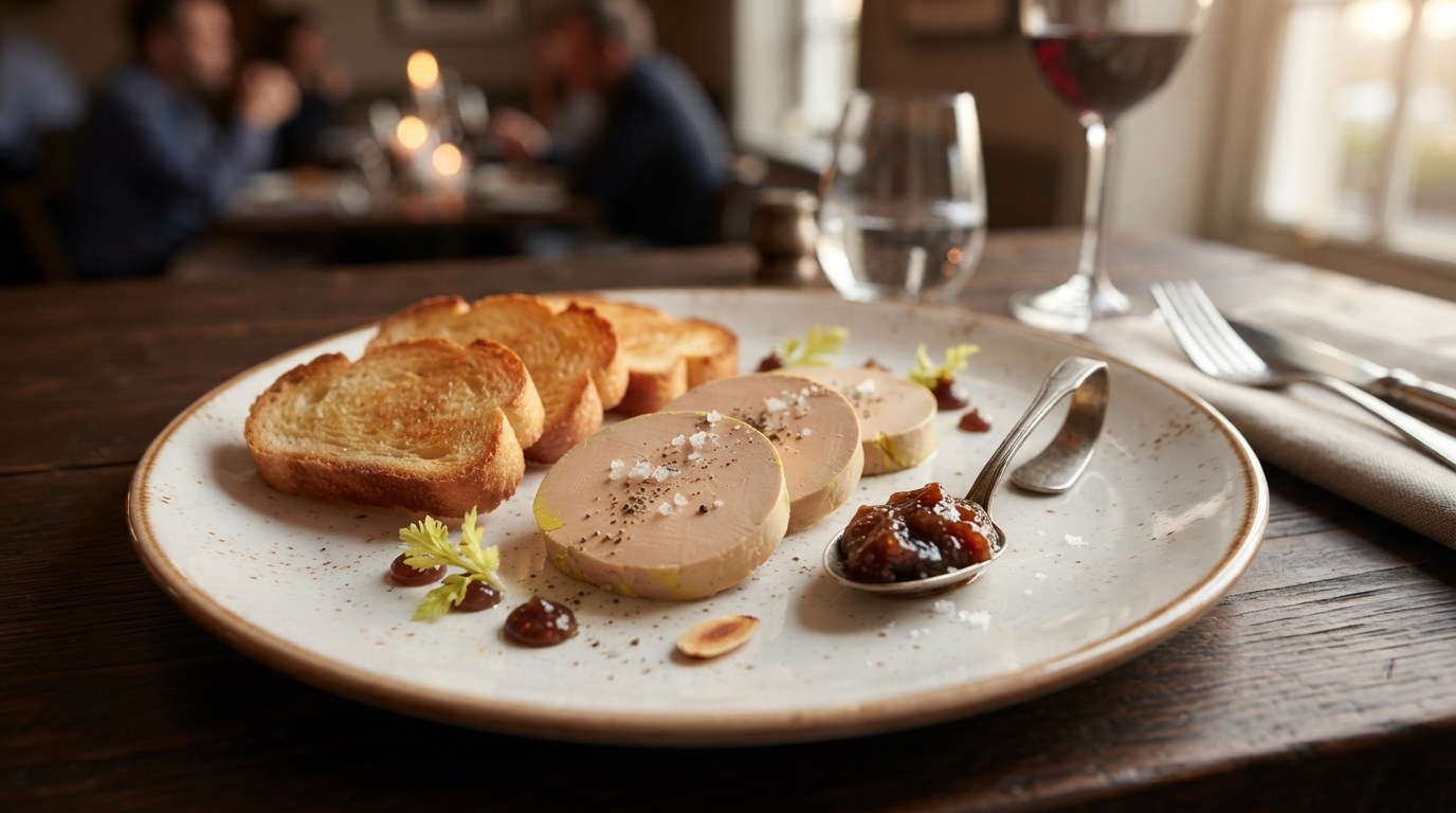 Slices of foie gras torchon with toasted brioche, fig jam, and flaky salt