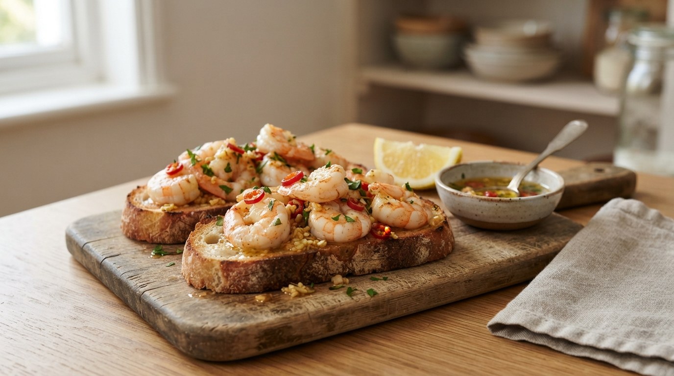 Seared shrimp in garlic chili butter with sliced red chili and parsley piled on two slices of toasted sourdough on a wooden board